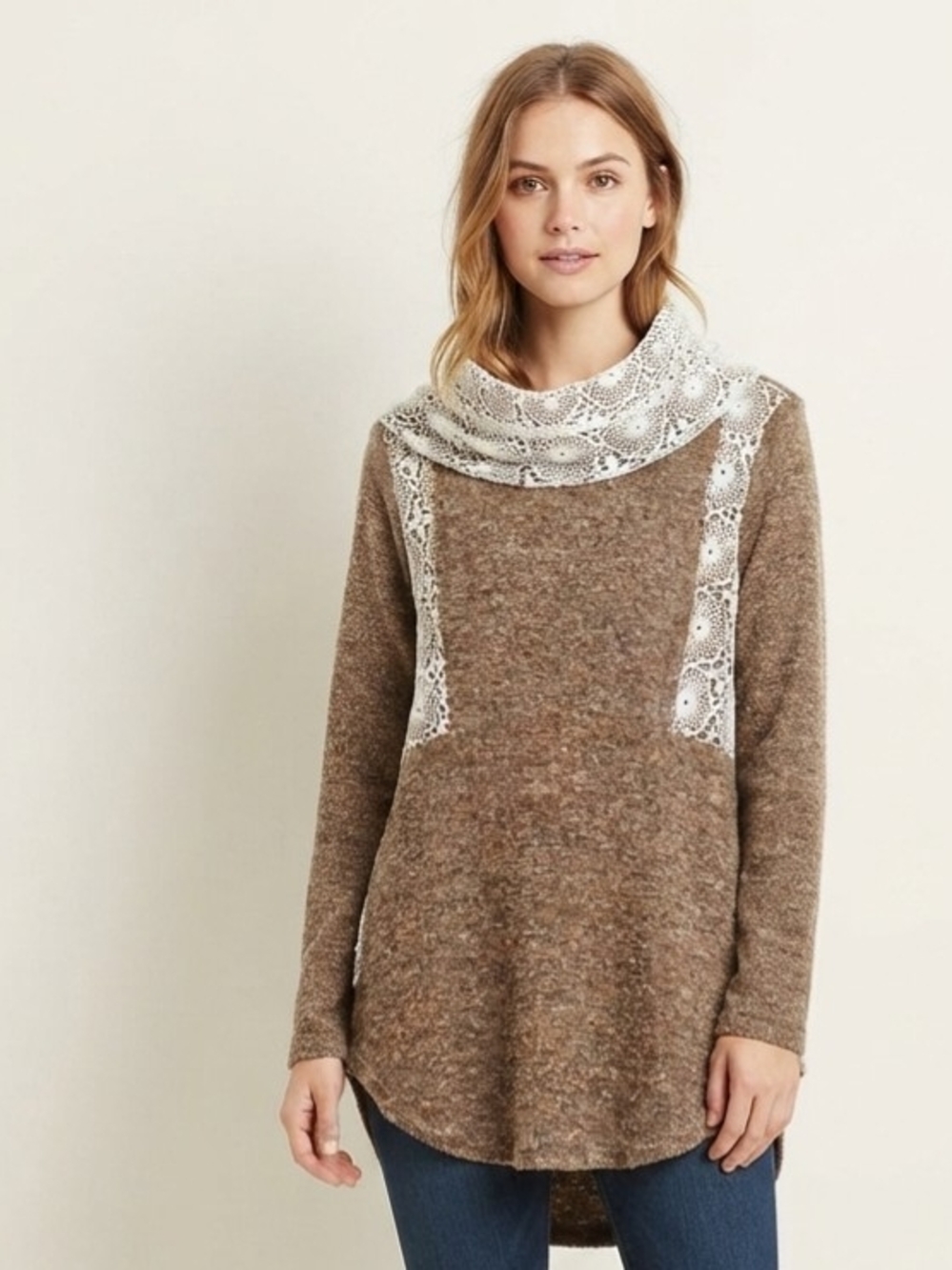 A'Reve Brown Cowl Neck Sweater with Cream Lace Trim